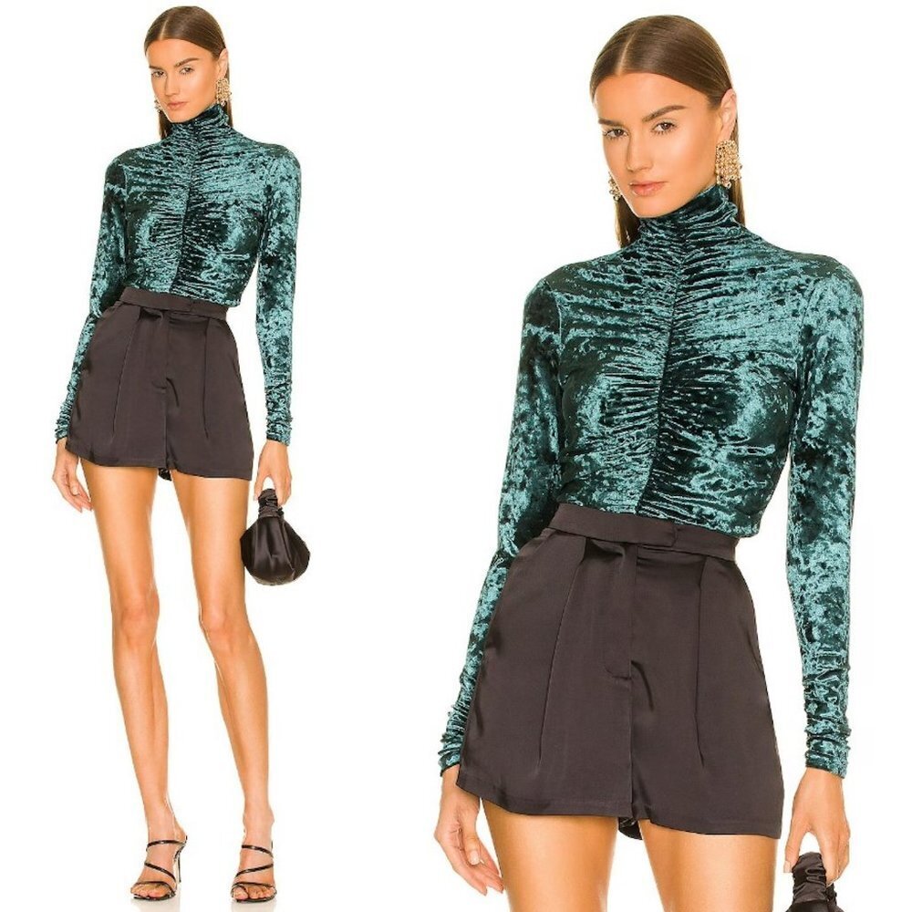 Ronny Kobo Karoline Ruched Velvet Teal Turtleneck Top Size L
